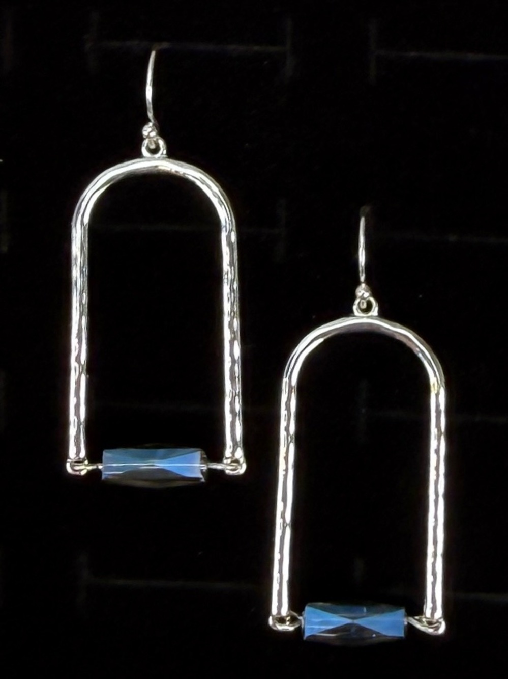 Modern Silver Tone Arch Dangle Earrings Blue Accent Minimalist Geometric